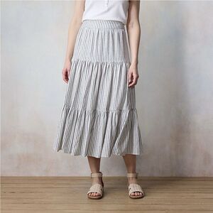 Lauren Conrad Women's Midi Tier Skirt Linen Blend Striped Full Flare Coastal XL